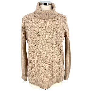 Nanette Lepore Lace Knit 100% 2-Ply Cashmere Turtleneck Sweater Beige Size Small
